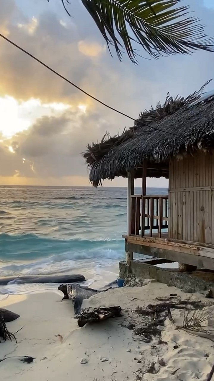 Cabane en bois au bord de la plage, face aux vagues dans la lumière du soir